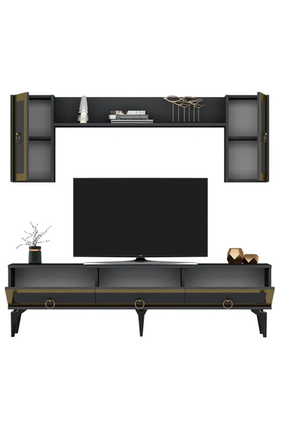 DEMONTE DECOR Ponny 180 Cm Tv Ünitesi Antrasit Altın - Resim 6