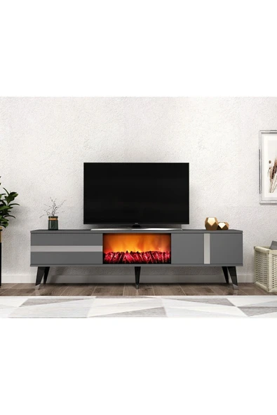 DEMONTE DECOR VANİA TV SEHPASI ŞÖMİNELİ (ALT MODÜL) ANTRASİT-GÜMÜŞ ürün görseli 1