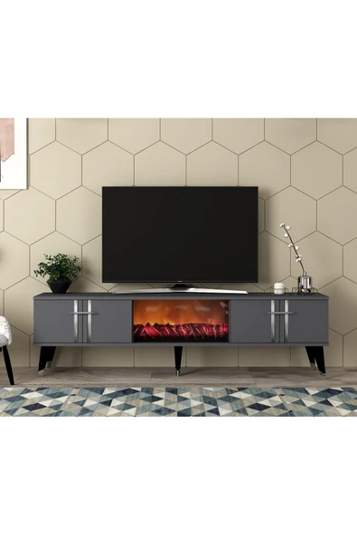 DEMONTE DECOR ASSEL  ŞÖMİNELİ TV SEHPASI (ALT MODÜL) ANTRASİT-GÜMÜŞ ürün görseli 1