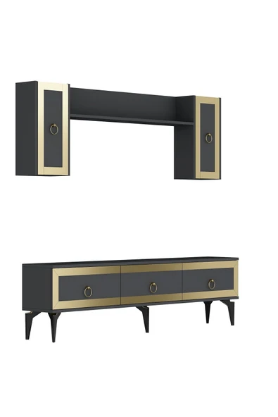 DEMONTE DECOR Ponny 180 Cm Tv Ünitesi Antrasit Altın - Resim 7