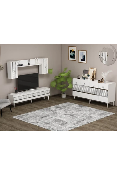 DEMONTE DECOR İpek 180 Cm Tv Ünitesi Ve Konsol 2'li Salon Takımı Beyaz-gümüş ürün görseli