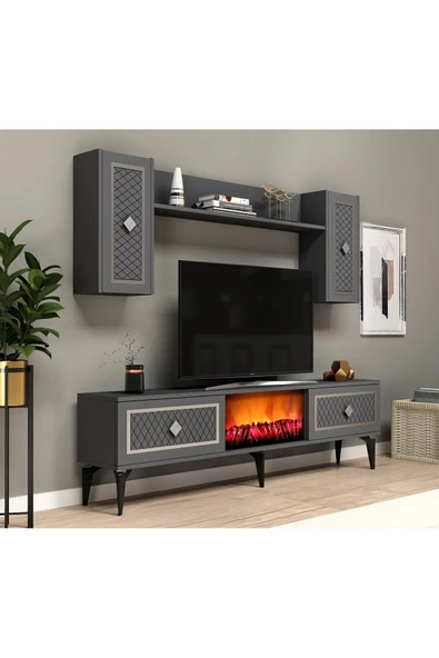 DEMONTE DECOR HERRY TV ÜNİTESİ ŞÖMİNELİ TAKIM ANTRASİT-GÜMÜŞ - Resim 2