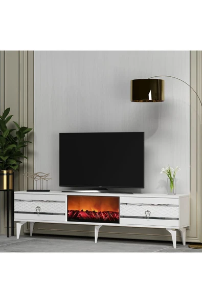 DEMONTE DECOR PELİN TV SEHPASI ŞÖMİNELİ BEYAZ-GÜMÜŞ - Resim 2