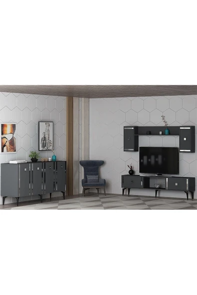 DEMONTE DECOR Doruk Tv Ünitesi Ve Konsol 2'li Salon Takımı Antrasit-gümüş ürün görseli