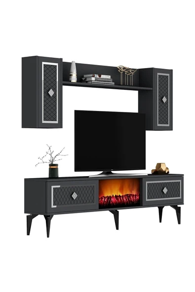 DEMONTE DECOR HERRY TV ÜNİTESİ ŞÖMİNELİ TAKIM ANTRASİT-GÜMÜŞ - Resim 3