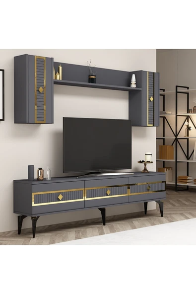 DEMONTE DECOR NORRA 180 CM TV ÜNİTESİ ANTRASİT-ALTIN - Resim 2
