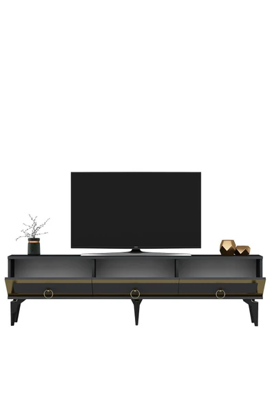 DEMONTE DECOR Ponny 180 Cm Tv Sehpası Antrasit Altın - Resim 6