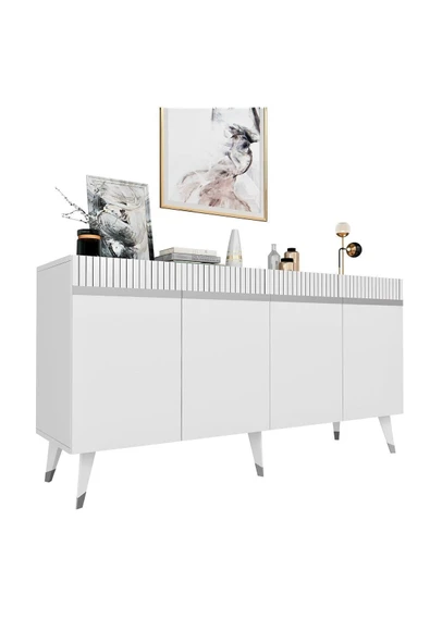 DEMONTE DECOR DEFFNE TV SEHPASI ve KONSOL 2'Lİ SALON TAKIMI BEYAZ-GÜMÜŞ - 6