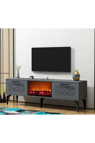 DemonteDekor SHUMEN ŞÖMİNELİ TV SEHPASI ANTRASİT-GÜMÜŞ - Resim 4