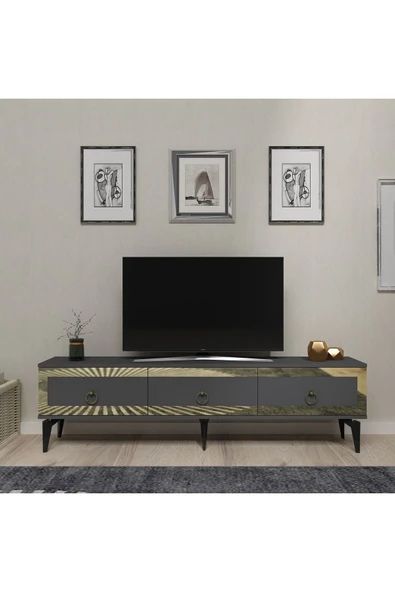 DEMONTE DECOR Ponny 180 Cm Tv Sehpası Antrasit Altın ürün görseli