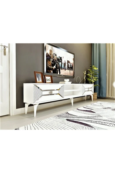 DEMONTE DECOR 2 Raflı, 2 Kapaklı Yumedi Tv Sehpası (ALT MODÜL) Beyaz-gümüş ürün görseli 1