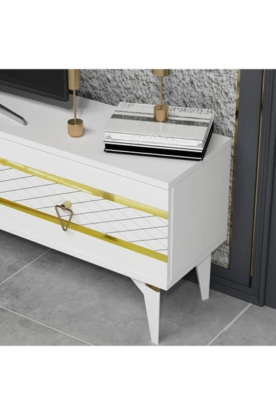 DEMONTE DECOR PELİN TV ÜNİTESİ TAKIMI BEYAZ-ALTIN - 3