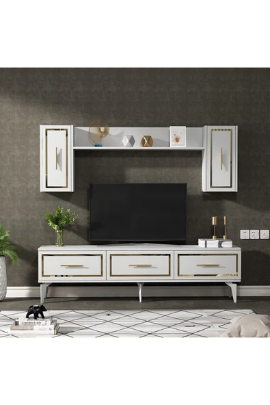 DEMONTE DECOR VANNESSA 180 CM  TV ÜNİTESİ TAKIMI BEYAZ-ALTIN ürün görseli