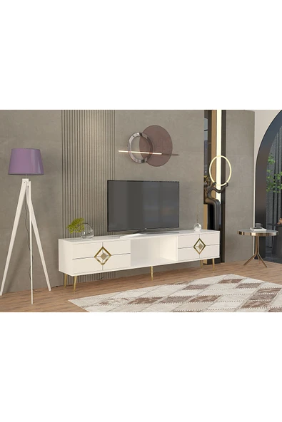 DEMONTE DECOR ROBBERDD TV SEHPASI BEYAZ-ALTIN - Resim 2