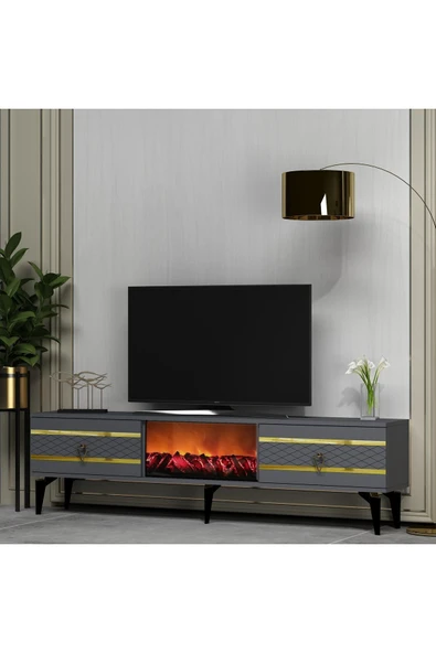 DEMONTE DECOR PELİN TV SEHPASI ŞÖMİNELİ ANTRASİT-ALTIN - Resim 2