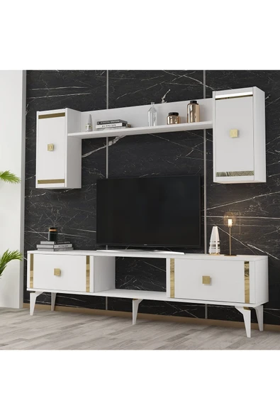 DEMONTE DECOR Doruk Tv Ünitesi Beyaz Altın 4 Kapaklı - Resim 2