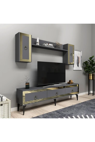 DEMONTE DECOR Ponny 180 Cm Tv Ünitesi Antrasit Altın - Resim 2