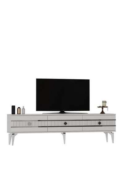DEMONTE DECOR LENNORA 180 CM  TV SEHPASI (ALT MODÜL) BEYAZ-GÜMÜŞ - 4