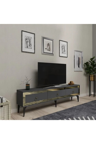DEMONTE DECOR Ponny 180 Cm Tv Sehpası Antrasit Altın - Resim 2