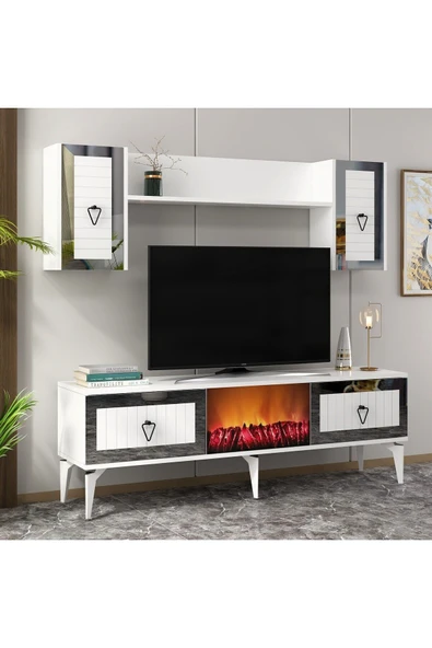 DEMONTE DECOR Linda Tv Ünitesi Şömineli Takım Beyaz-gümüş - 3