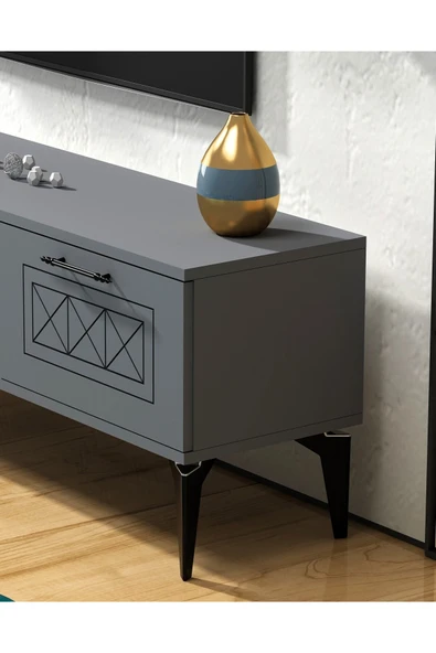 DemonteDekor SHUMEN ŞÖMİNELİ TV SEHPASI ANTRASİT-GÜMÜŞ - Resim 6