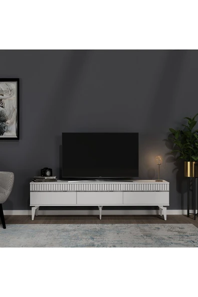 DEMONTE DECOR DEFFNE TV SEHPASI ve KONSOL 2'Lİ SALON TAKIMI BEYAZ-GÜMÜŞ - 3