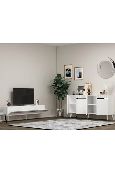 DEMONTE DECOR DEFFNE TV SEHPASI ve KONSOL 2'Lİ SALON TAKIMI BEYAZ-GÜMÜŞ - 2