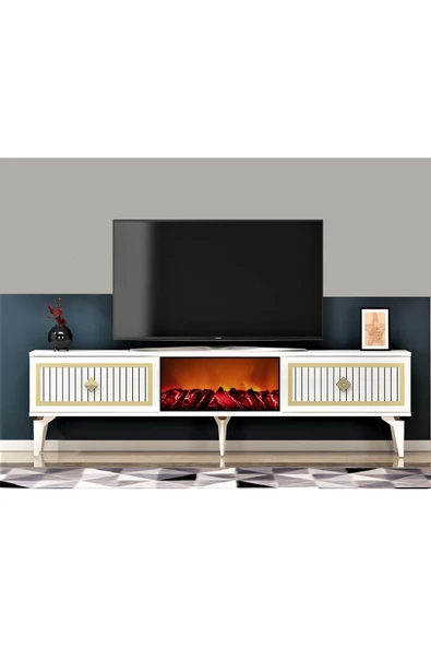 DEMONTE DECOR NİLL ŞÖMİNELİ TV SEHPASI BEYAZ-ALTIN ürün görseli 1