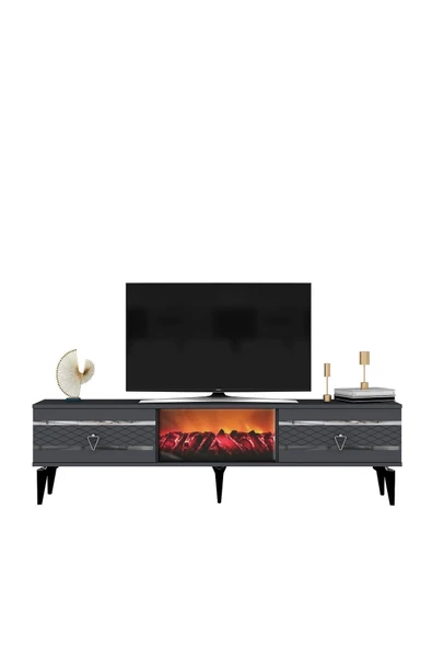 DEMONTE DECOR PELİN TV SEHPASI ŞÖMİNELİ ANTRASİT-GÜMÜŞ - Resim 3