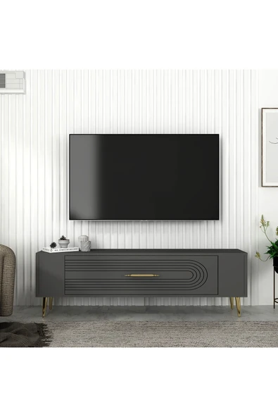 DEMONTE DECOR RETROL3DD TV SEHPASI ANTRASİT-ALTIN ürün görseli 1