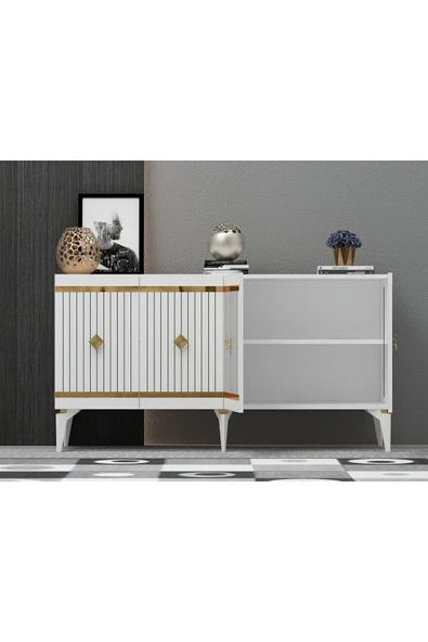 DEMONTE DECOR LENNORA TV SEHPASI (alt modül) ve KONSOL 2'Lİ SALON TAKIMI BEYAZ-ALTIN - Resim 5