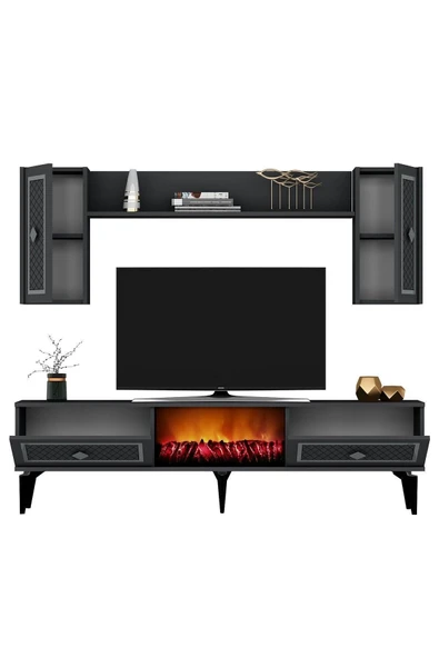 DEMONTE DECOR HERRY TV ÜNİTESİ ŞÖMİNELİ TAKIM ANTRASİT-GÜMÜŞ - Resim 5