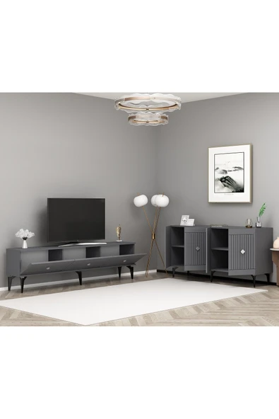 DEMONTE DECOR MİDDAS 180 Cm TV SEHPASI (ALT MODÜL) Ve 4 KAPAKLI KONSOL 2'li SALON TAKIMI ANTRASİT-GÜMÜŞ - Resim 5