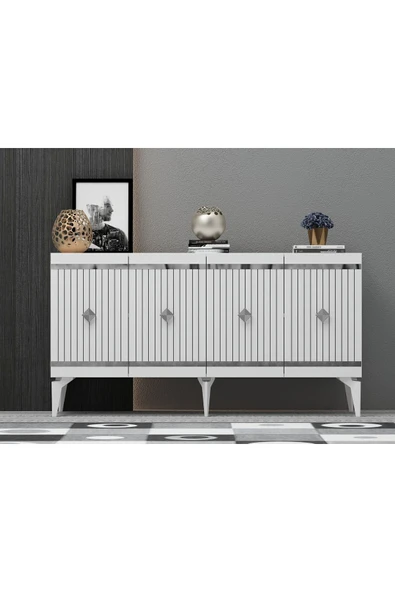 DEMONTE DECOR LENNORA TV SEHPASI (alt modül) ve KONSOL 2'Lİ SALON TAKIMI BEYAZ-GÜMÜŞ - Resim 4