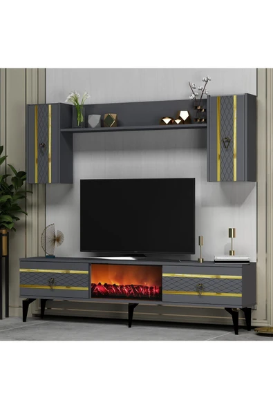 DEMONTE DECOR PELİN TV ÜNİTESİ TAKIMI ŞÖMİNELİ ANTRASİT-ALTIN - 2