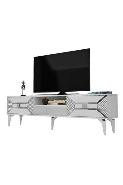 DEMONTE DECOR 2 Raflı, 2 Kapaklı Yumedi Tv Sehpası (ALT MODÜL) Beyaz-gümüş - Resim 5
