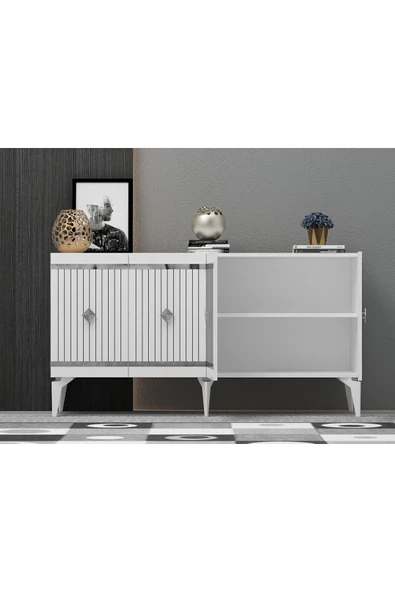 DEMONTE DECOR LENNORA TV SEHPASI (alt modül) ve KONSOL 2'Lİ SALON TAKIMI BEYAZ-GÜMÜŞ - Resim 5