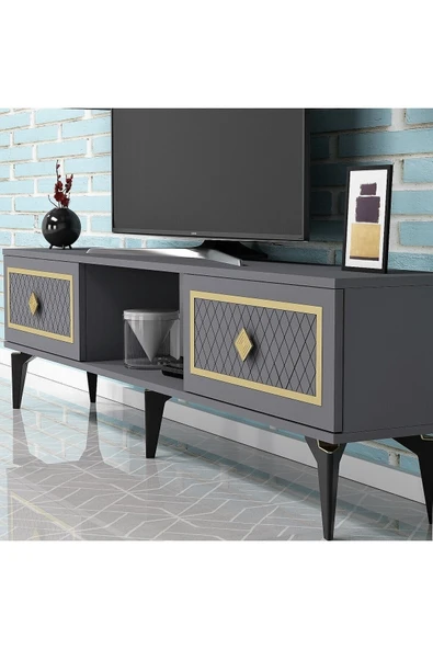 DEMONTE DECOR 2 Kapaklı, Raflı Herry Tv Sehpası Alt Modül Antrasit-altın - Resim 2