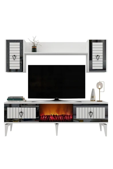 DEMONTE DECOR Linda Tv Ünitesi Şömineli Takım Beyaz-gümüş - 5