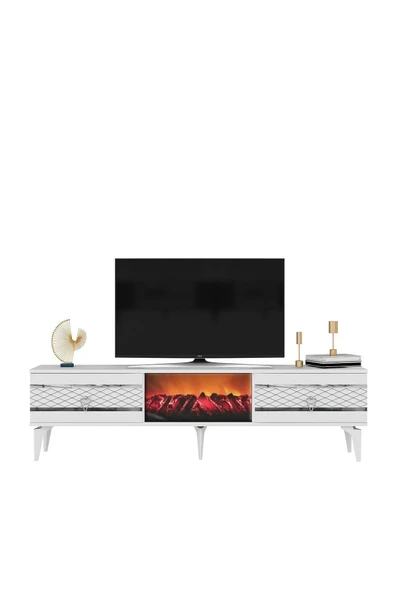 DEMONTE DECOR PELİN TV SEHPASI ŞÖMİNELİ BEYAZ-GÜMÜŞ - Resim 3