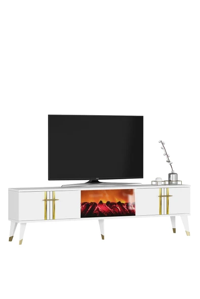 DEMONTE DECOR ASSEL  ŞÖMİNELİ TV SEHPASI (ALT MODÜL) BEYAZ-ALTIN - Resim 4