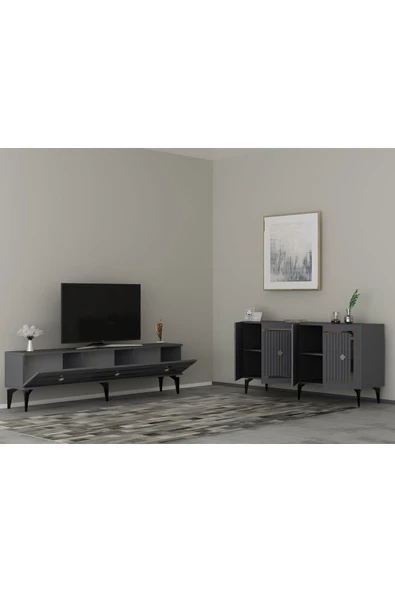 DEMONTE DECOR NOVVA TV SEHPASI (alt modül) ve KONSOL 2'Lİ SALON TAKIMI ANTRASİT-GÜMÜŞ - Resim 2