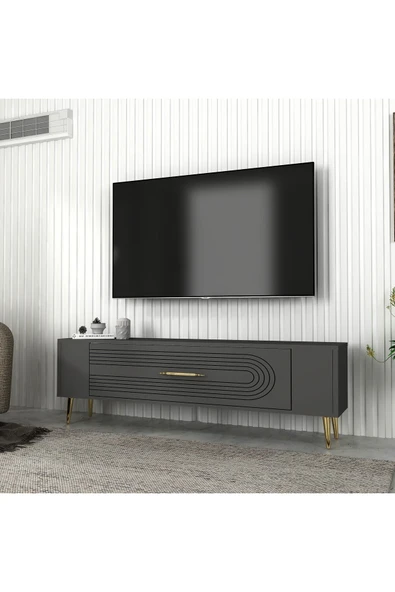 DEMONTE DECOR RETROL3DD TV SEHPASI ANTRASİT-ALTIN - Resim 2