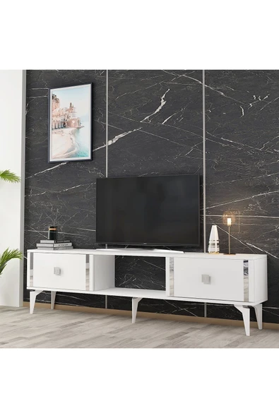 DEMONTE DECOR DORUK TV SEHPASI BEYAZ GÜMÜŞ - Resim 2