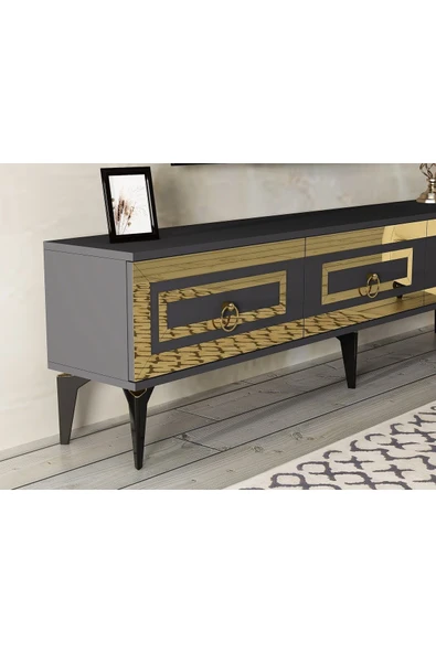 DEMONTE DECOR Karya 180 Cm Tv Ünitesi Ve Konsol 2'li Salon Takımı Antrasit-altın - 3