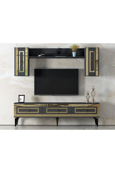 DEMONTE DECOR Karya 180 Cm Tv Ünitesi Ve Konsol 2'li Salon Takımı Antrasit-altın - 2