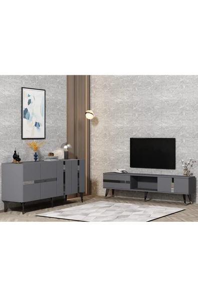 DEMONTE DECOR VANİA TV SEHPASI ve KONSOL 2'li SALON TAKIMI ANTRASİT-GÜMÜŞ - 1