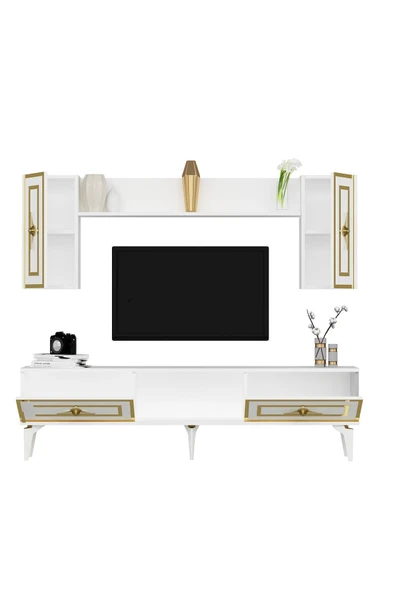 DEMONTE DECOR VİOLA TV ÜNİTESİ TAKIMI BEYAZ-ALTIN - Resim 5