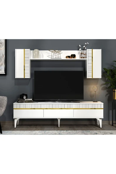 DEMONTE DECOR Deffne 180 Cm Tv Ünitesi Takımı Beyaz-Altın ürün görseli
