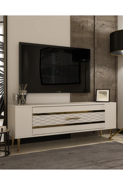 DEMONTE DECOR RETROLP2DD TV SEHPASI BEYAZ-ALTIN - 2